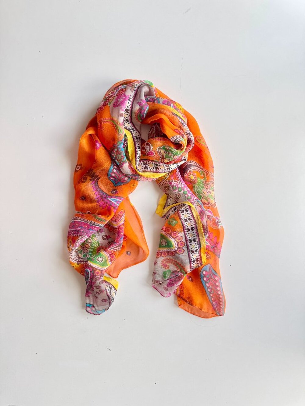 COCOON HOUSE Orange Paisley Trim Silk Chiffon 66" x 25.5" Rectangle Shawl Scarf